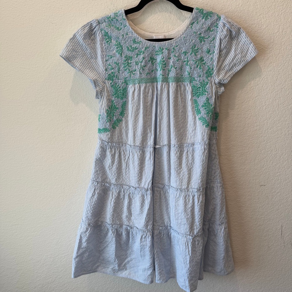 J. Marie Women Blue White Striped Seersucker Embroidered Tiered Mini Dress Small